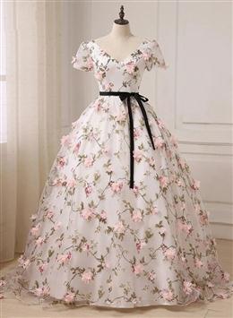 Picture of Pretty Flowers Ball Gown Long Party Dresses, Short Sleeves Prom Dresses